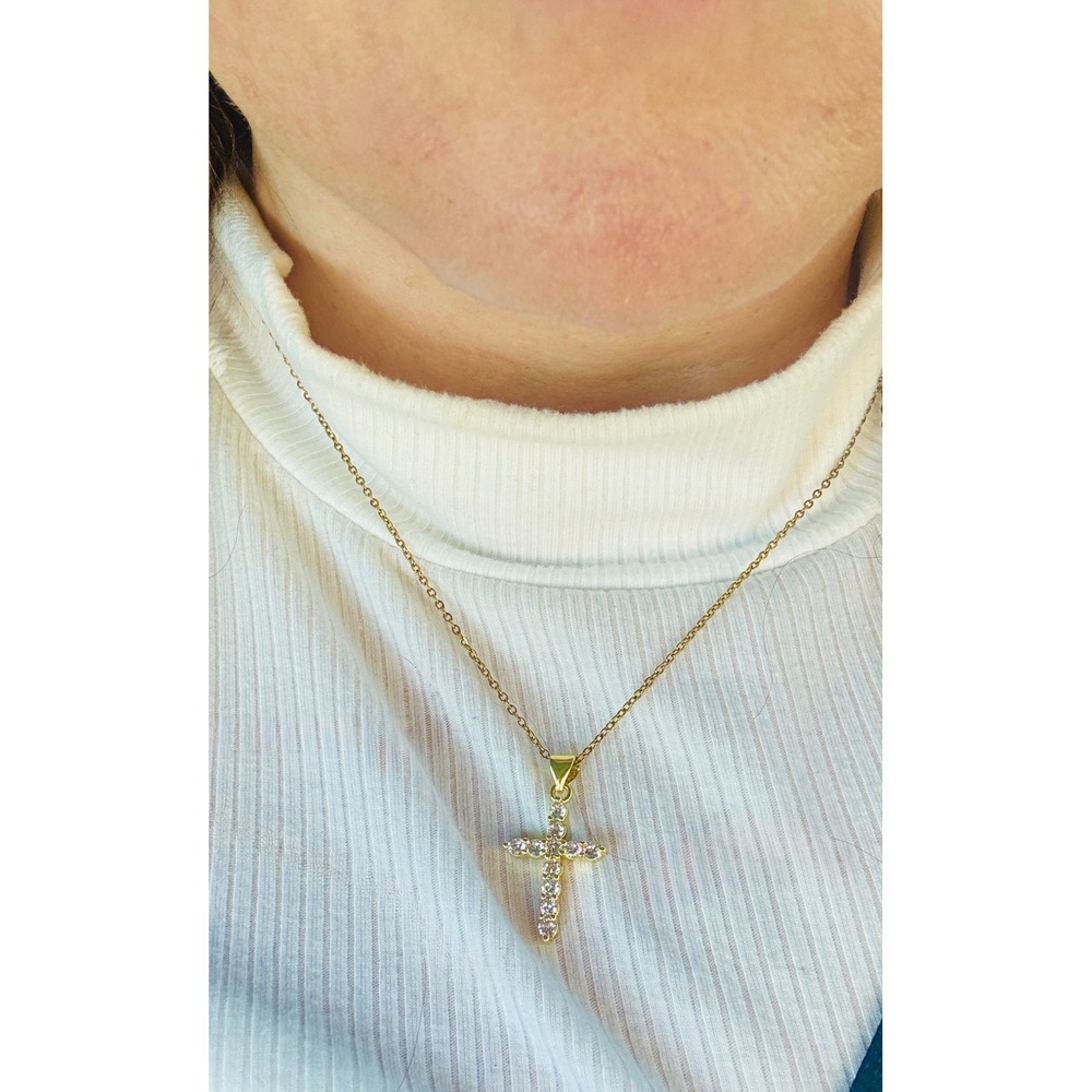 14k Gold Sparkling Gold‎ Tone Cross Pendant Necklace with Clear CZ  Dainty